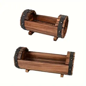 2-piece balcony succulent retro flower pot, indoor and outdoor plant decoration, flower box wooden round gardening planting box, household multi-functional decorative wooden flower pot