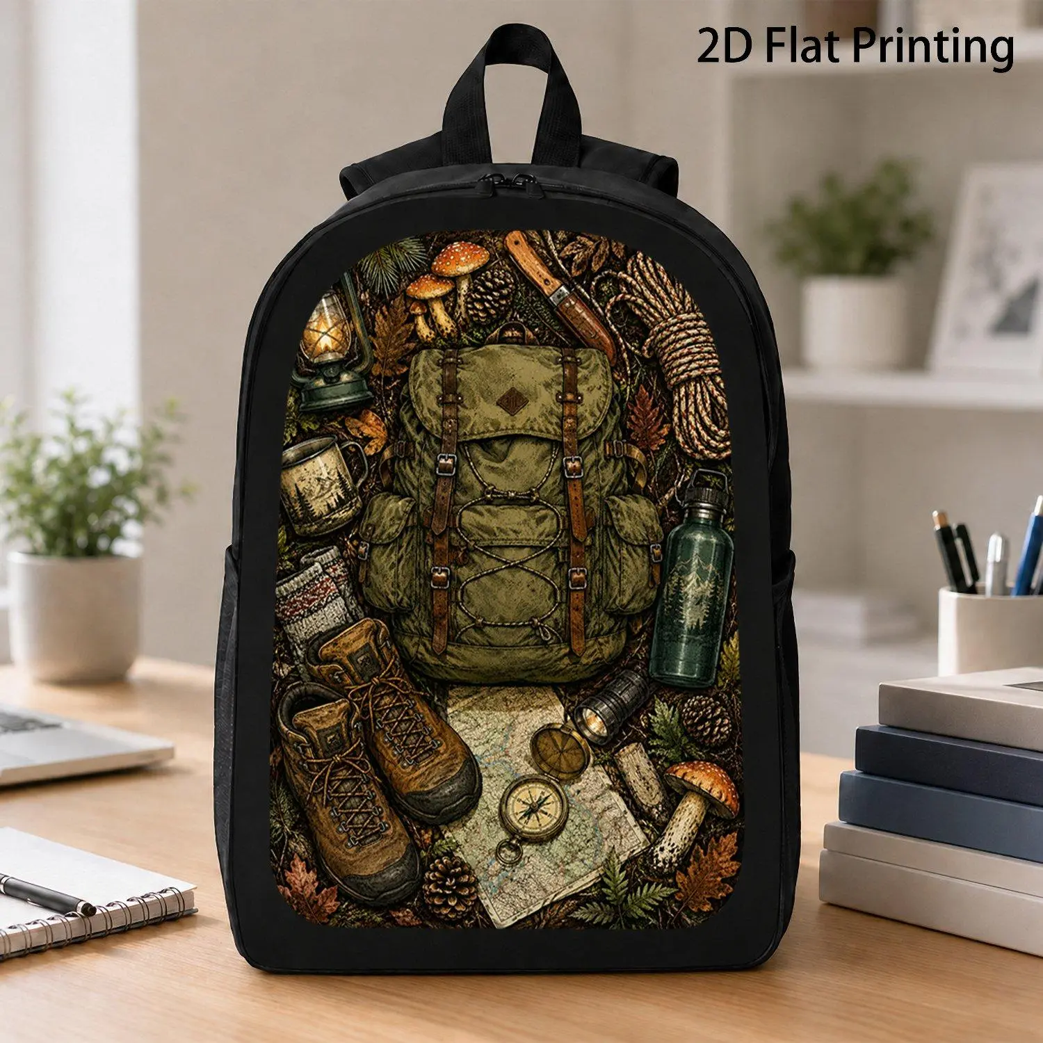[17 Inch Backpack] 1pc Top View Camping Equipment Print Backpack Vintage Wilderness Hiking Gear Backpack Nature Outdoor Backpack For Travel Daily Hiking Trips