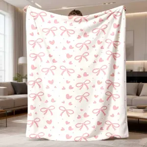 2026 New Flannel Blanket Release: Soft Blanket Featuring Pink Bow And Heart Pattern, Perfect For All Seasons, Ideal For Couch, Office, Camping, And Asian-Inspired Home Decoration