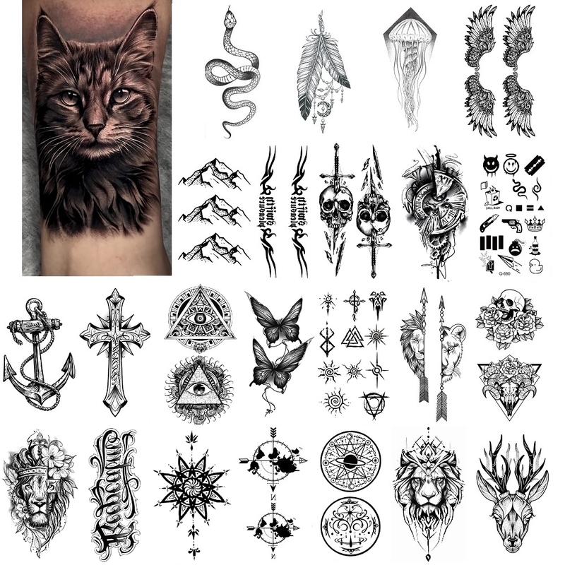 76 Sheets Large-Size Black TemporaryTattoos Stickers,Forearm DesignsFeaturing Tribal Wolf, Tiger, Lion, Owl,Skeleton Skull, Temp Halloween FakeTattoo Stickers, Rose, and Animals Sensitive