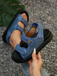 Women's Summer New Denim Blue Thick Sole Flatform Sandals, Korean Style Versatile Platform Shoes, Comfortable Casual Footwear for Daily Wear Walking Shoes