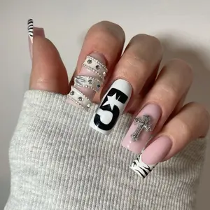 Pink Cross Leopard Press On Nails: Coquette Rhinestones Nails, Star Accent & Y2K Gothic Details, Zebra French Tip Pink Nails
