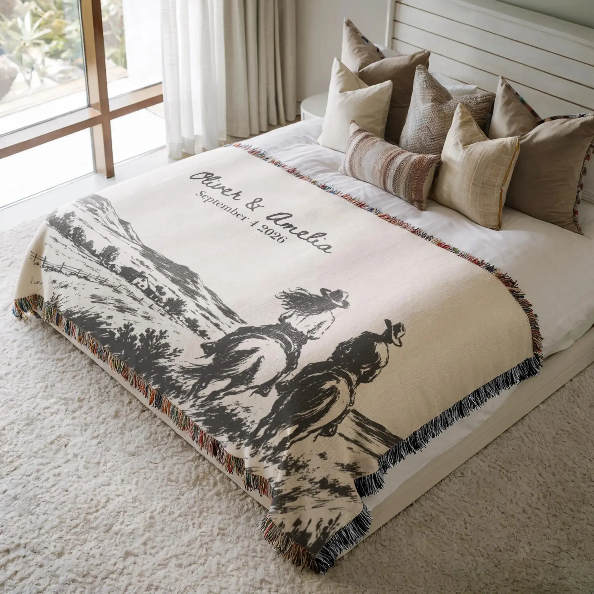 Western Woven Wedding Blanket Custom With Names And Date Cowboy Mr And Mrs Woven Throw Rustic Bridal Shower Gift Personalized Couple Present Ona Mare