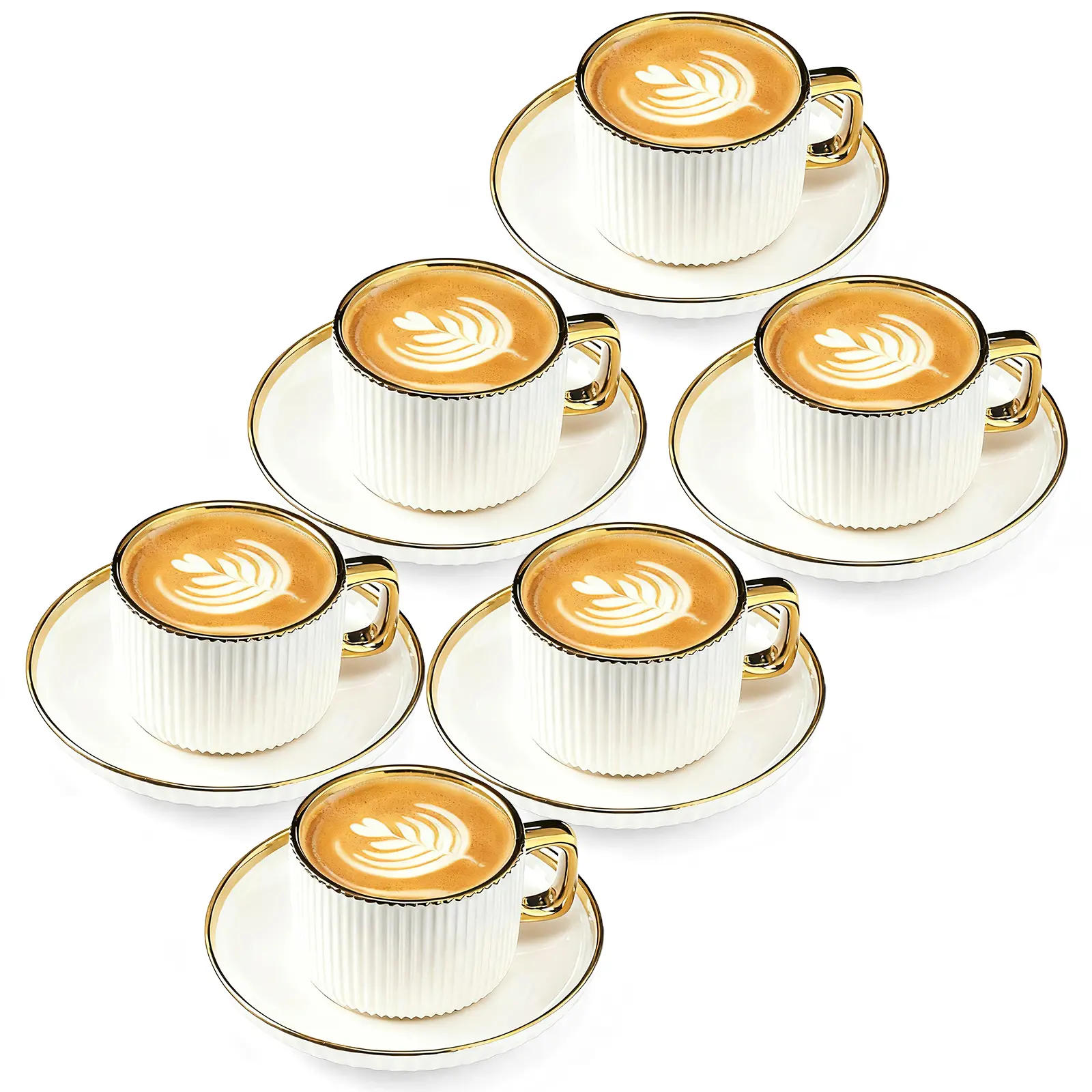 2.87Oz/85Ml White Gold Ceramic Coffee Mug Set of 6, Latte Mugs with Saucers, White Latte Cups and Espresso Mug for Specialty Coffee Drinks, Latte, Cafe Mocha, Tea