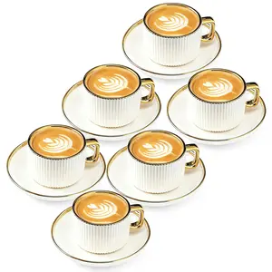 2.87Oz/85Ml White Gold Ceramic Coffee Mug Set of 6, Latte Mugs with Saucers, White Latte Cups and Espresso Mug for Specialty Coffee Drinks, Latte, Cafe Mocha, Tea