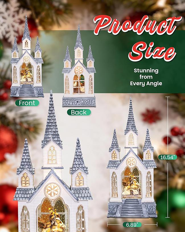 Large Christmas Church Nativity Snow Globe Light up Snowglobe with Music 9.84" White Christmas Snow Globes for Kids Adults 6H Timer Dual Power Angle Snowglobes Christmas Decorations Indoor