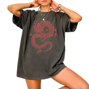 Dragon T-shirt ,Comfort Acid Wash T-Shirt, Asian Dragon Graphic Tee, Vintage Tattoo Style Mythical Creature T-Shirt, Trendy Women's Shirt, Game Day Tee, Vintage Style Graphic Design T-Shirt, Vintage Baggy Style Streetwear Tops