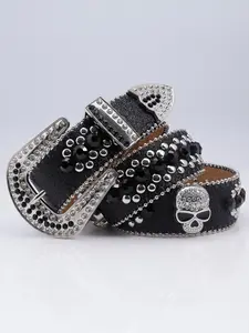 1pc Luxury Western Cowboy Party Belt Buckle, Rhinestone Decorated Belt, Rhinestone Ghost Head Decoration, PU Alloy, Unisex Waistband for Daily Use, Nightclub Rock Street Style