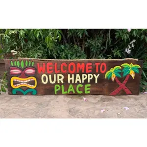 Welcome To Our Happy Place Tropical Wood Sign Hand Carved Home or Tiki Bar Decor  39”x 10”