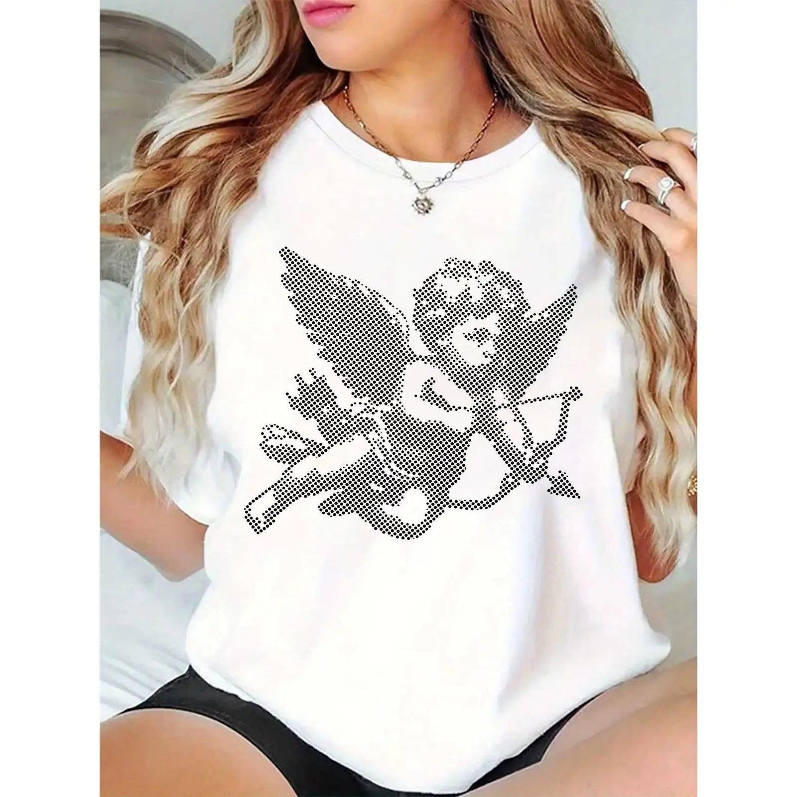Women's White Cupid Cherub Wings Bow Arrow Halftone Dot Print T - Shirt, Valentine's Day Casual Daily Party Top, Basic, Elegant, Fit, Tee, Essential, Feminine, Breathable, Comfortable, Cotton, Sleeve