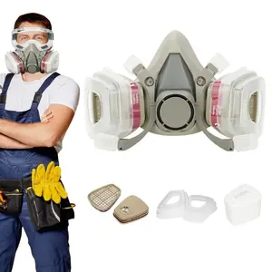 16-in-1 Safety Face Mask Set, Professional Dual Respirator Gas Mask with Filter & Goggles, Reusable Dustproof & Anti-Toxic Safety Mask for Spray Paint, Welding, Woodworking, Construction, Polishing, Chemicals & DIY