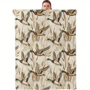 Mallard Duck Flannel Throw Blanket - Cozy Soft Lightweight Vintage Style, Flying Ducks & Reeds Wildlife Design ,Thin Blanket Dream Workshop