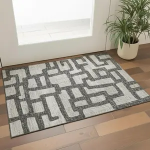 360 Stand 3x5 ft. Gray & Ivory Modern Abstract Transitional Polyester Fiber Flat Pile Area Rug, Machine-Washable, UV Protected, Rectangle, Flat Pile