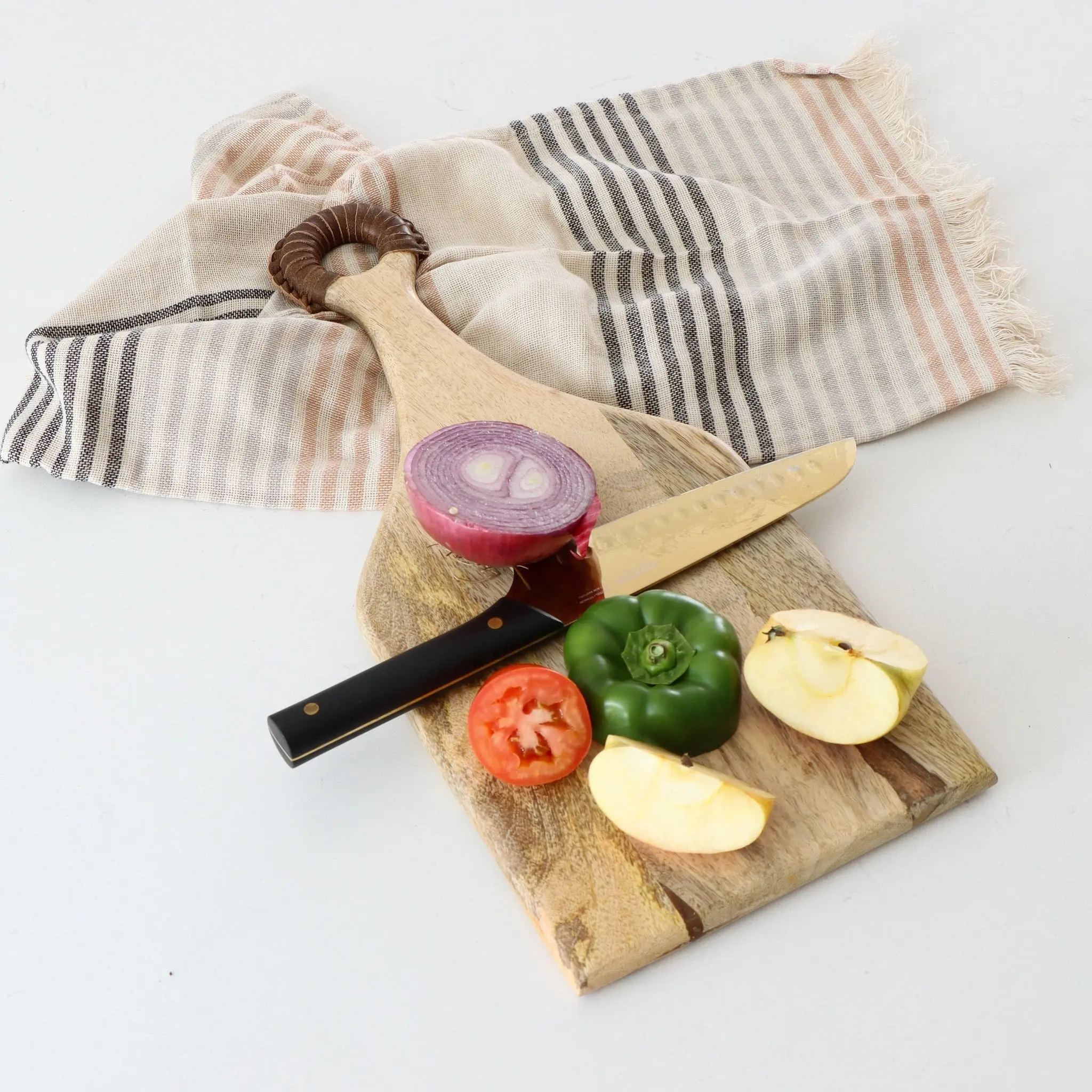 Mango Wood Cheese Board with Braided Leather Handle - 18 Inch