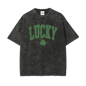 180g[100%cotton]Unisex "LUCKY"Vintage Shamrock Vintage Washed T-Shirt   – St. Patrick’s Day Graphic Tee