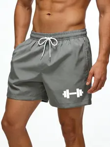 Men's Summer Casual Black Swim Trunks with Side Pockets Quick Dry Sports Training Jogging Shorts with Inner Liner Fitness Dumbbell Print Beach Swim Trunks