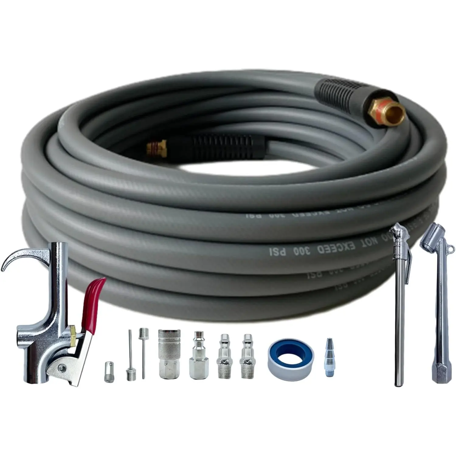 Air Hose 1/4 in x 30 ft, Hybrid Air Compressor Hose Kit with 1/4 in NPT Male Threads, 13 count Air Tool & Air Compressor Accessories Kit, Bend Restrictors, 300 PSI (Grey, 30FT-13 Pieces)