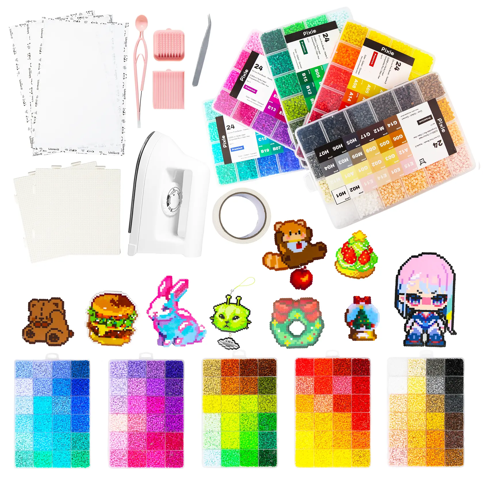 2.6mm PixieBeads 48 / 72 / 96 / 120 All-In-One Starter Combo, 500ct per Color, 2.6mm Premium Fuse Beads, DIY Pixel Craft Kit: PixieBeads, Premium Tool Set & Iron