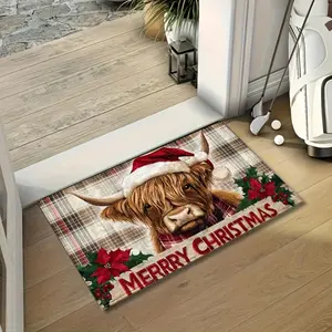 1 Piece of Christmas Countryside Grid Background Highland Cow Wearing Christmas Hat Decoration Kitchen Floor Mat Floor Mat Door Mat Living Room Laundry Room Decoration Carpet Perfect Christmas Home Decoration Home Decor Rugs