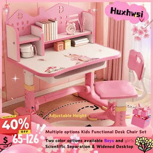 Huxhwsi 2Pcs/Set Multiple options Desk Chair Set Widened Desktop Multi Separation Cartoon Castle Adjustable Height Study Table with Drawer Chair Set Boy Girl Cute Cute