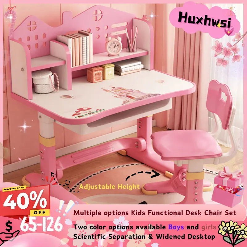 Huxhwsi Cute 2-Piece Kids' Desk and Chair Set - Castle Print, Widened Desktop, Multi-Compartment, Adjustable Height, Drawer, Sturdy, Foldable, Waterproof Storage - Commercial & School Furniture