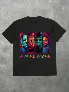 Horror Movie Character Graphic Fitted Long T-Shirt, Vintage Color Halloween Men's Tee, Casual Streetwear Top, Perfect Gift for Horror Fans, Menswear