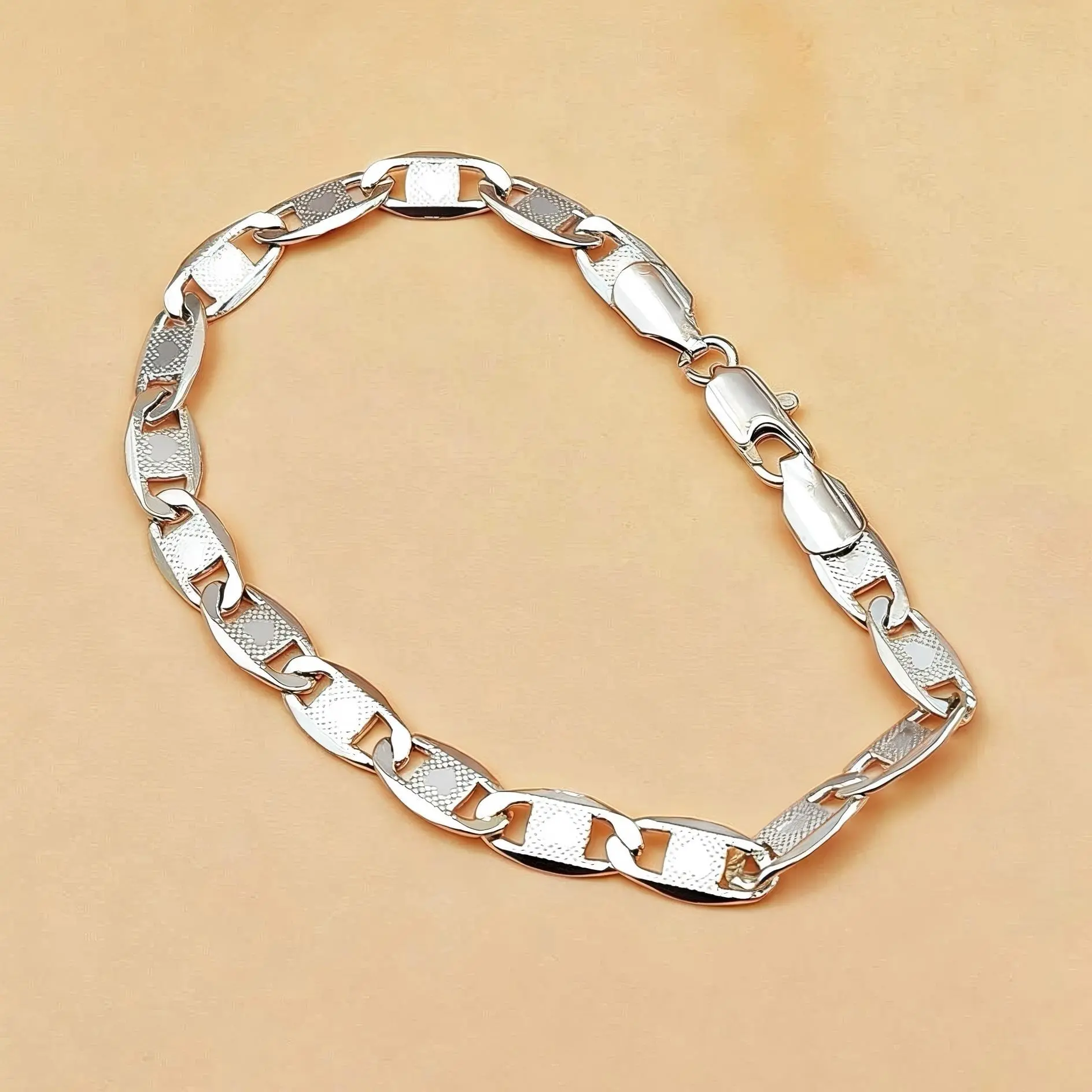 Silver Plated Thick-Link Figaro Chain Bracelet for Men, Matte Embossed Textured Plain Wrist Jewelry, Tarnish Res. Everyday Wear Hip Hop Stackable Gift, Thick Links, Unisex