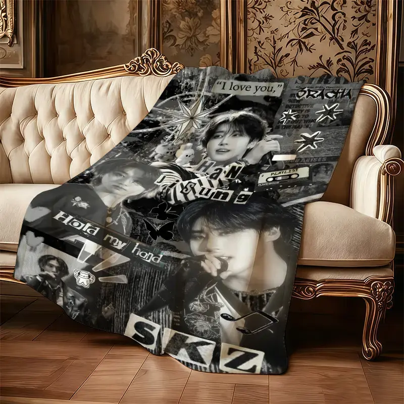 Cool Strayeight Han Jisung SKZ Fleece Blanket with Printed Design - Made of 100% Polyester, Soft Skin-Friendly Without Shedding, Large Size for Living Room Bedroom Picnic Decor Multifunctional Cozy Throw