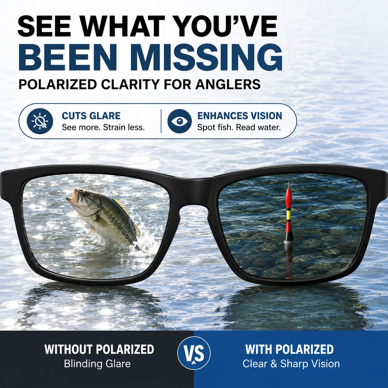 Polarized Fishing Sunglasses for Men - Regular Rectangle, Anti-Glare Lightweight Swim Float Sports Eyewear for Fishing, Boating, Sun Protection