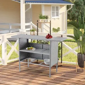 All-Weather Wicker & Metal Outdoor Bar Table, 2-Tier Shelf & Storage Cabinet for Poolside, Backyard, Deck, Multi-Functional Patio Console Table (Gray)