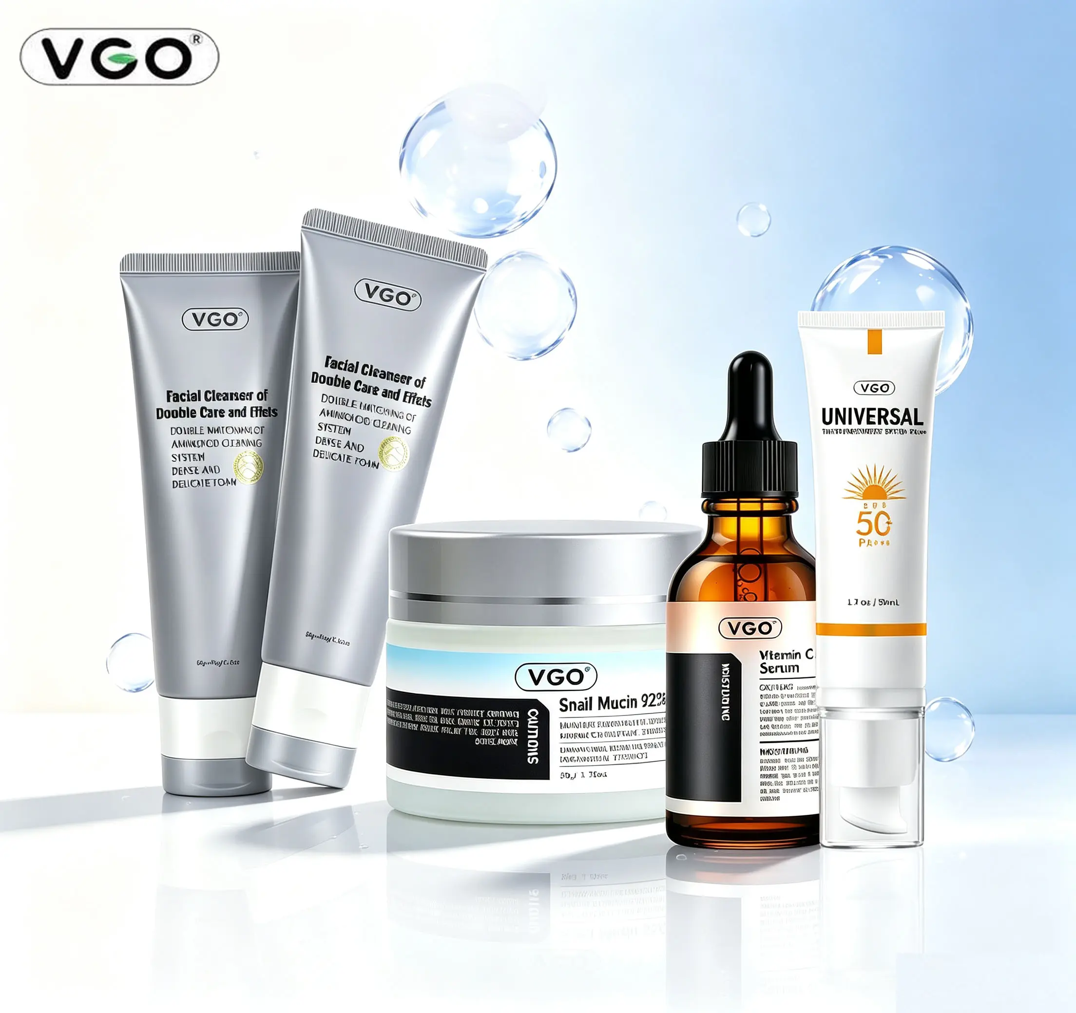 VGO 4-Piece Facial Serums & Cleanser Set - Charcoal Cleanser, Vitamin C Serum, Snail Mucin Moisturizer for Hydrating, Oil Control, Smooth Skin Routine, All Skin Types, Cleansing, Moisture