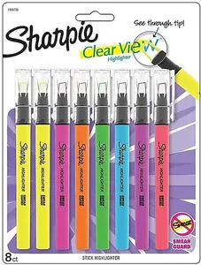 Sharpie Clear View Highlighter Sticks, Chisel Tip, Assorted Fluorescent, 8 Count - School, Home, and Office Use, Teacher Supplies for back to school