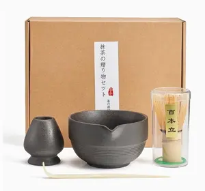 Matcha Set - Porcelain Latte Bowl with Whisk and Scoop Gray Black