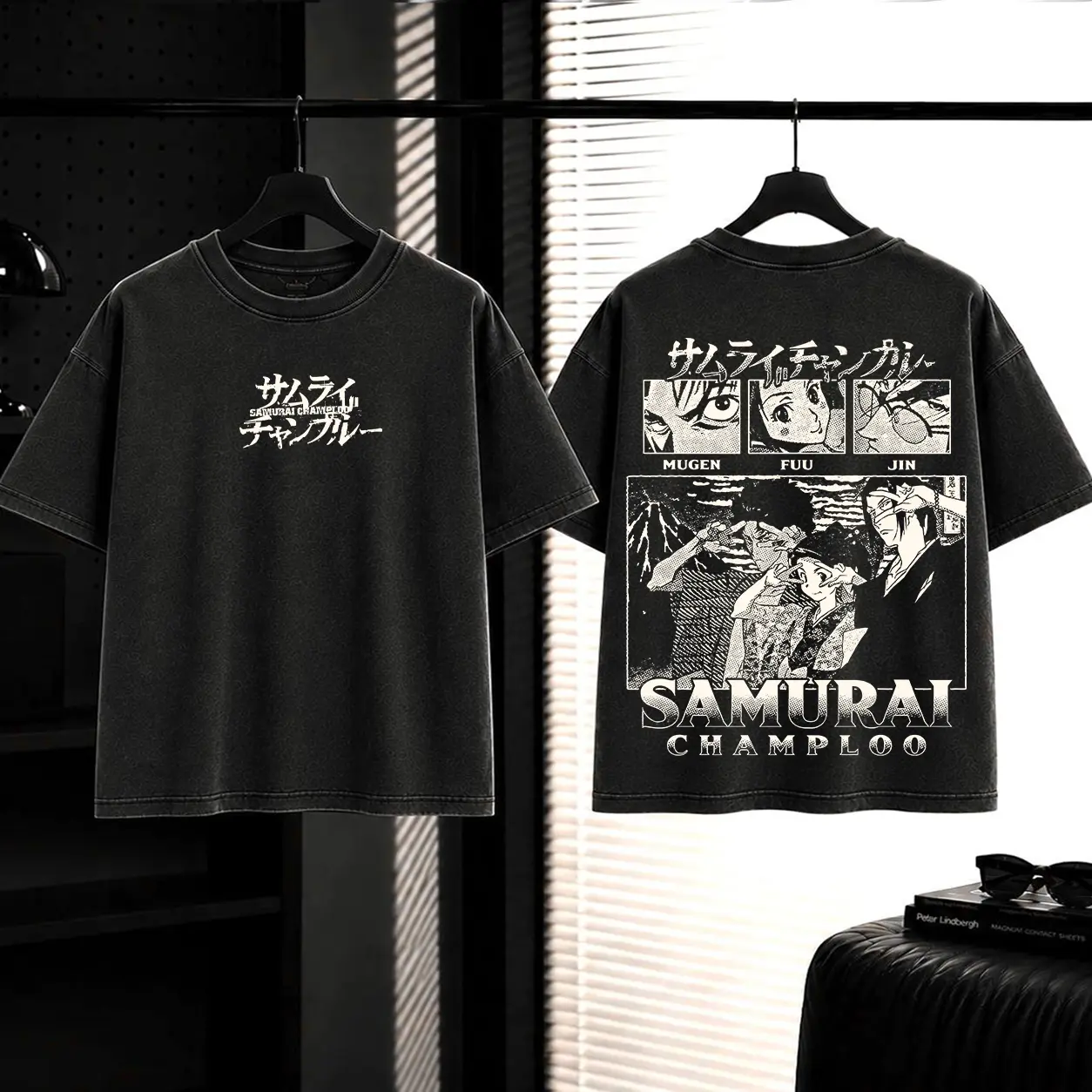 Samurai Champloo anime manga game Washed 2 sided printed graphic tees T-shirt Streetwear unisex vintage merch Fabric Top