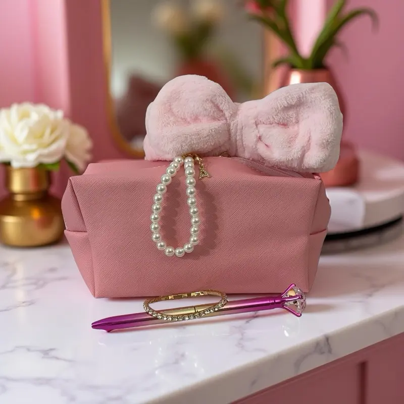 Makeup Bag with Pearl Charm Plus Accessories!Pink Velvet Bow, Diamond Pen, and Surprise Bracelet!