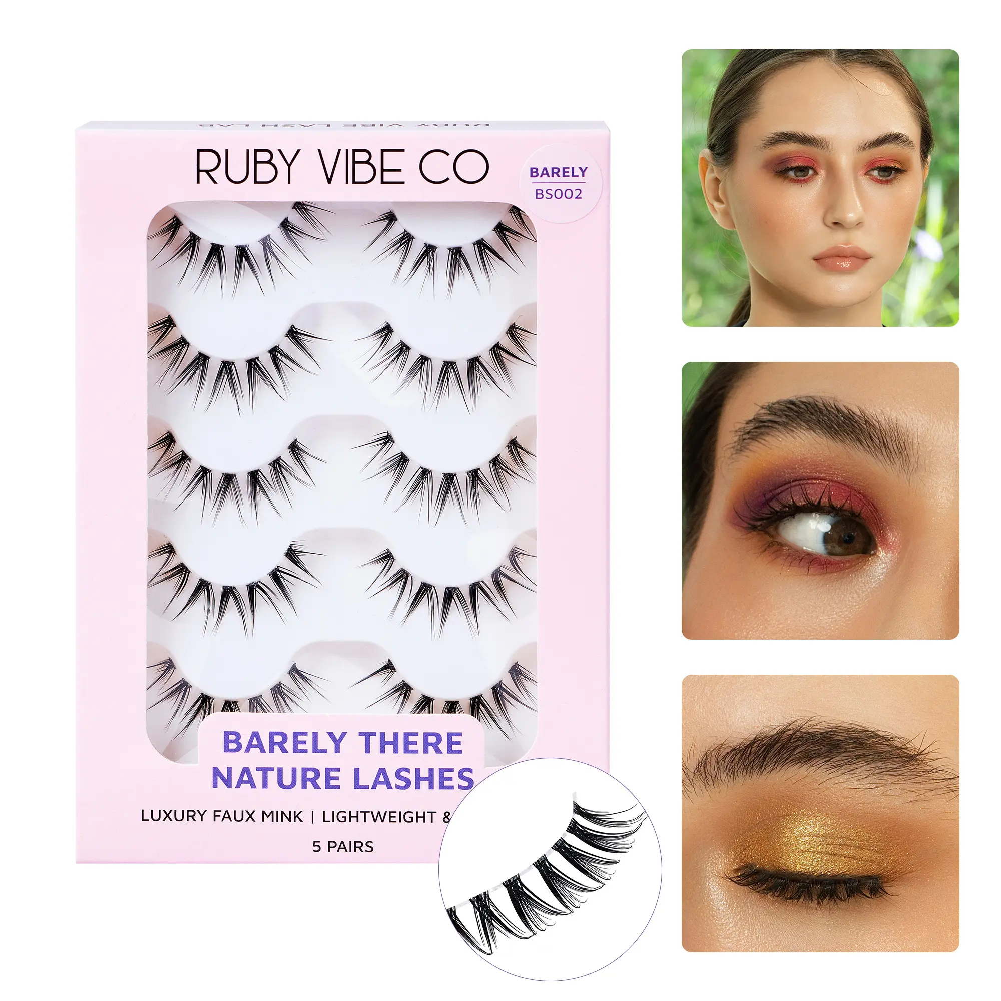 RUBY VIBE CO Subtle Charm BS002 Natural False Lashes, Lightweight Wispy Eyelash Strips with Clear Band, Everyday Strip Lashes, Reusable Vegan Eye Lashes Strips, Natural Eyelashes, 5 Pairs