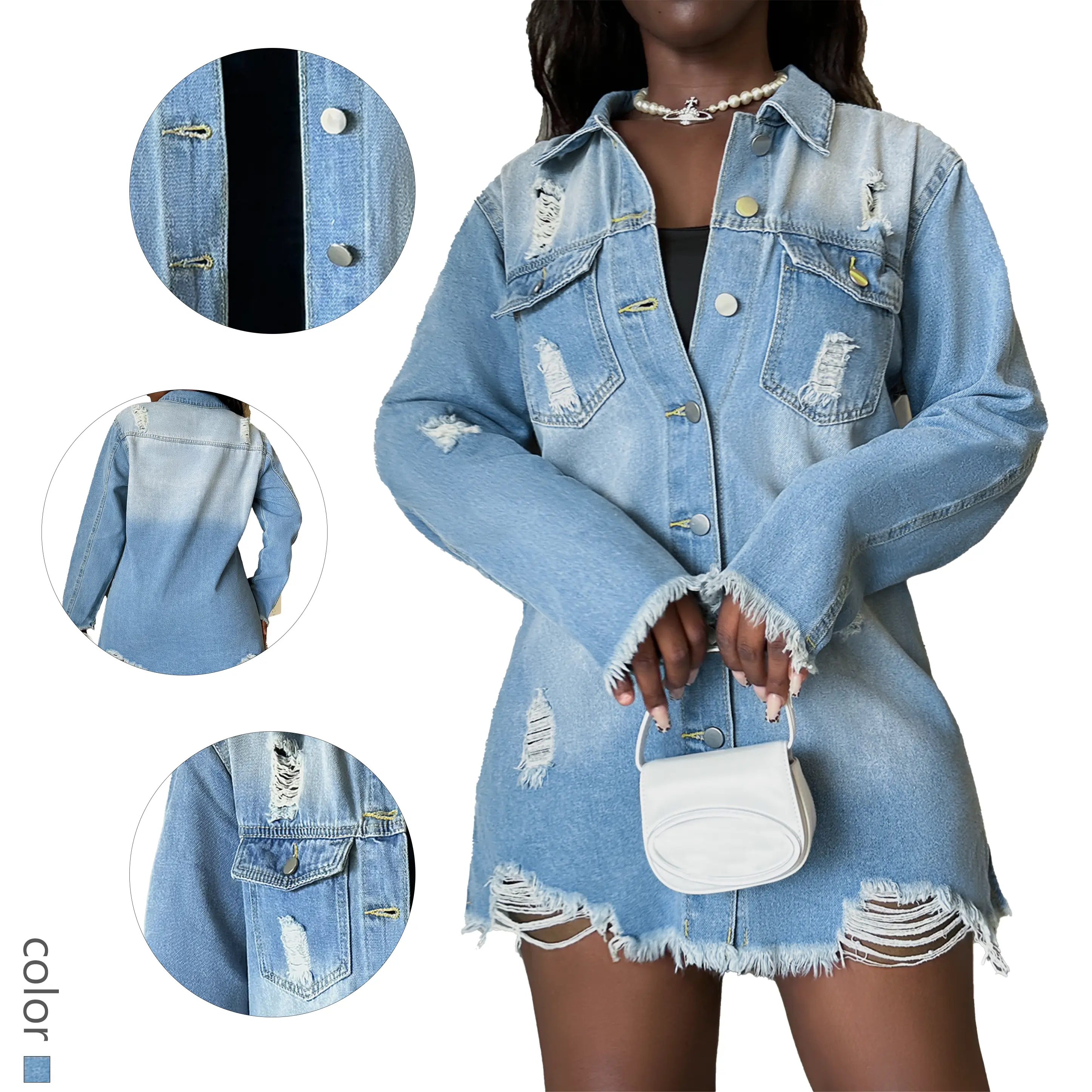 Chic Women's Light Blue Distressed Denim Jacket: Effortlessly Trendy for Fashion - Forward Styles