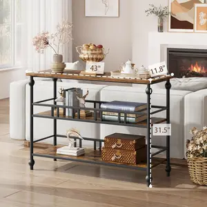 【Christmas Gift】Three Tier Narrow Console Table Forty Three Inch Entryway Table with Storage Industrial Hallway Table Rustic Brown