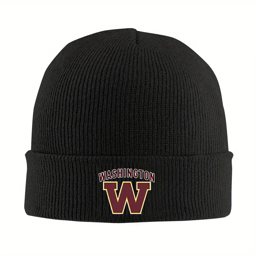 1 Piece Washington Logo Knitted Hat - Unisex Windproof Warm Ski Hat, with Eye-catching Red "W" Letter and Washington Text, Black Winter Hat, Suitable for Men and Women, Slightly Elastic Design, Christmas, New Year, Halloween and Casual Fashion Accessories