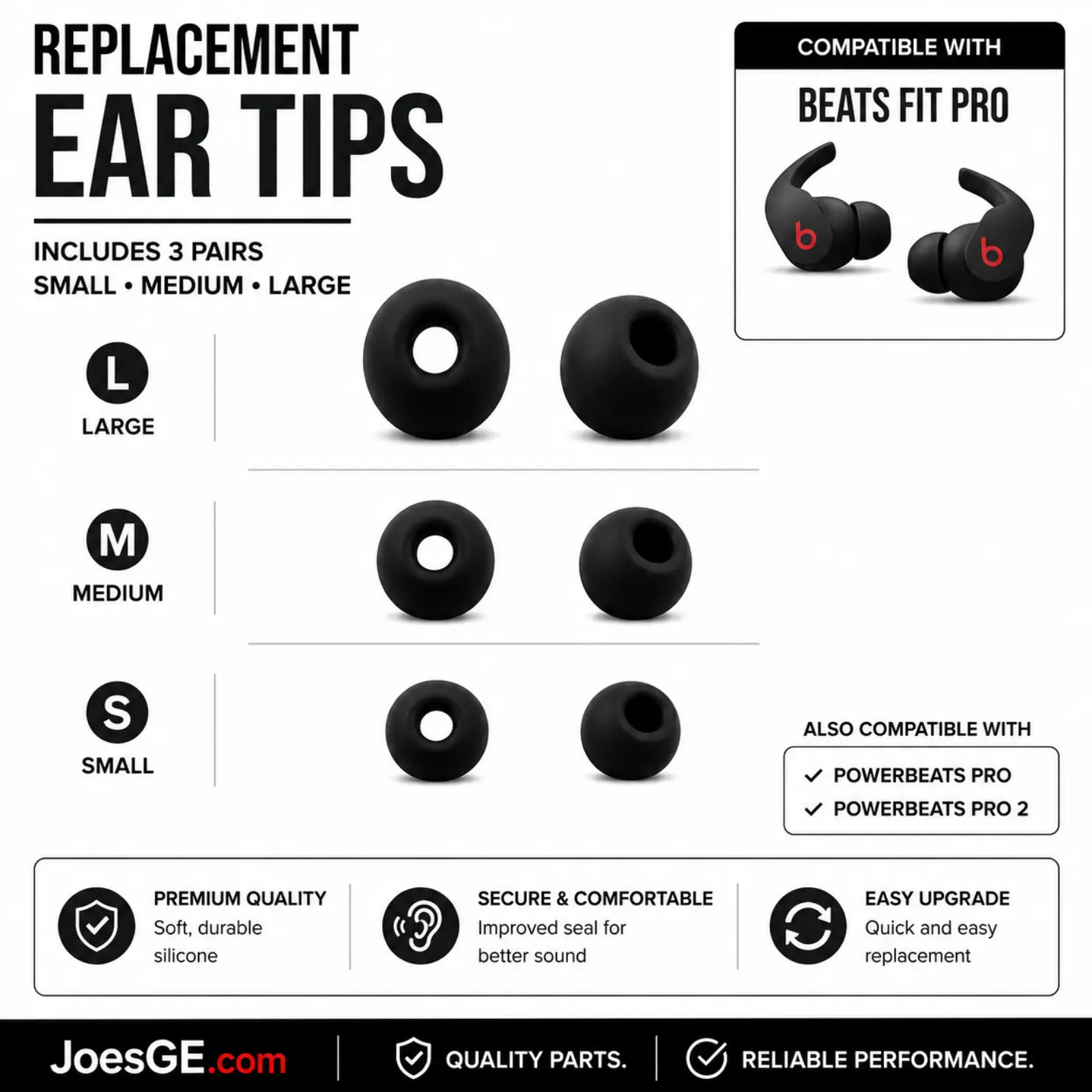 JoesGEcom Silicone Ear Tips for Beats Fit Pro, Powerbeats Pro and Powerbeats Pro 2 - 3 Pairs S M L