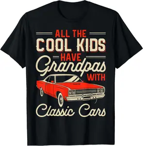 Men's Letter "Grandpas with Classic Cars Funny Old Car Enthusiast Car Guy" Print Round Neck Tee, Regular Fit Casual Short Sleeve T-shirt For Summer, Men's Top For Daily Outdoor