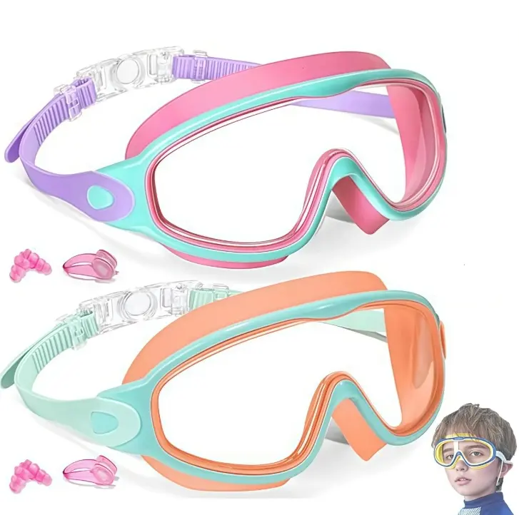2 Pack Kids Swim Goggles  UV Protection Anti-Fog High Definition Waterproof Adjustable Goggles for Boys and Girls - Safety anti-uv swimming goggles swim glass anti-fog with Earplugs & Nose Clip,for Lake,Beach, Summer Party