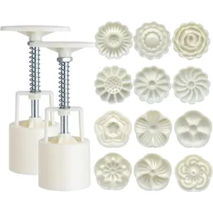 Moon Cake Mould Set 12pcs Sakura Pattern Base 2pcs Bath Bombs Press DIY Hand Press Cookie Stamps Pastry Tool for Mid Autumn Festival Moon Cake Maker 50g White L