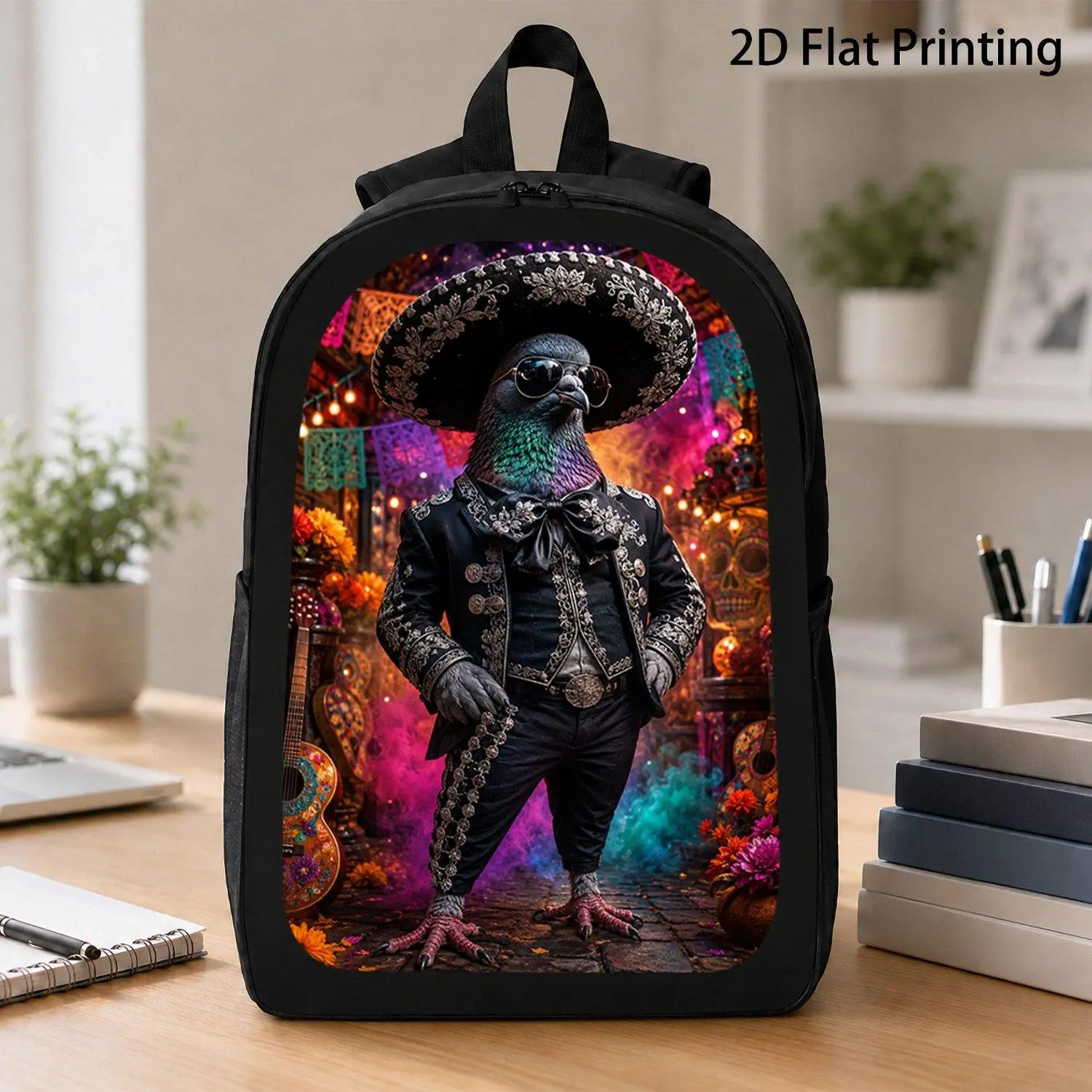 [17 Inch Backpack] 1pc Mariachi Outfit Pigeon Wearing Charro Suit And Sombrero Print Backpack Stylish Mexican Culture Backpack For Student Camping Hiking