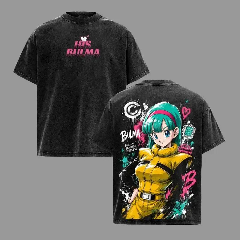 Bulmaa DBZ Vintage Washed Graphic Tshirt - Anime Girl Graphic Tee Manga Heavyweight Cotton Oversized Streetwear Top Shirt Unisex Retro Anime Apparel Gift For DBZ Fans Crewneck Menswear