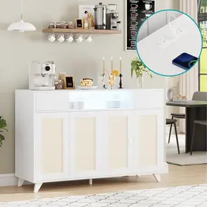 【Christmas Gift】Rattan Sideboard Buffet Cabinet with 2 Drawers Storage Boho  (White)
