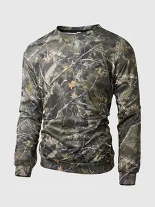 Men's Camouflage Long Sleeve Shirt, Fitted, Unique Design with Tree and Maple Leaf Elements, Outdoor, Casual, Trendy Streetwear, Perfect for Personalized Fashion