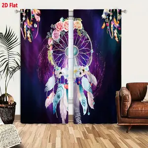 2D Flat Bohemian Dreamcatcher Curtain Set, Colorful Feather Rose Bead Design, Ethereal Purple Blue Gradient Background, 2-Piece Window Curtains for Bedroom Living Room, Whimsical Spiritual Serenity Decor