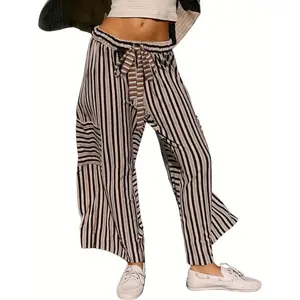 Women's Striped Palazzo Pants - Lightweight & Loose Fit Womenswear Cotton Fabric linen pants Casual Bottom linen pants Leg Wideleg teacher outfits