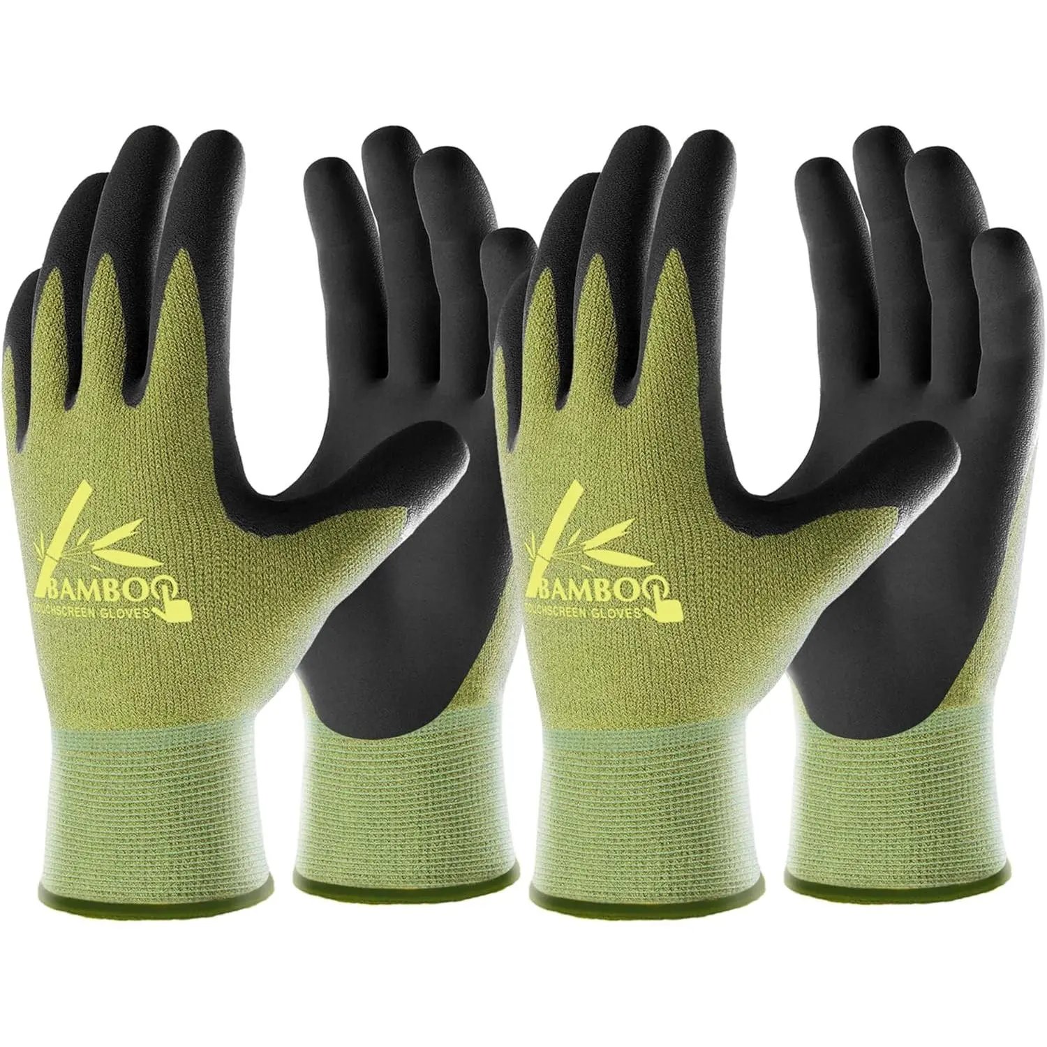 2 Pairs Gardening Gloves for Women and Men, Bamboo Touchscreen Working Gloves, Grippy Nitrile Rubber Coated Work Gloves, Green/Black, Large Size (2 Pairs L)